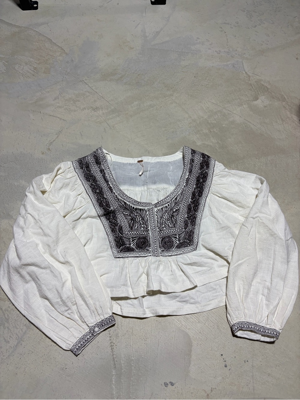 Free people Embroidered cotton White Peasant Blouse with Black Accent small